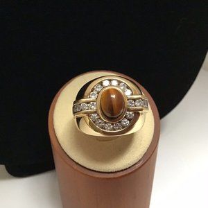 Mens Ring Tigers Eye Cubic Zirconia Gold over Sterling Size 8 3/4